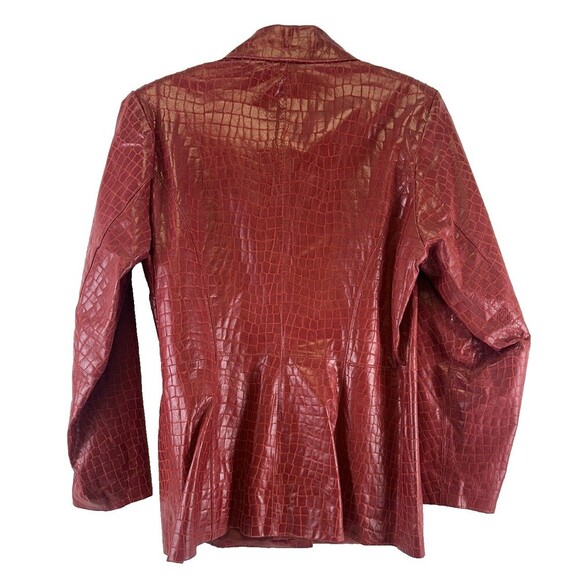 Dialogue Embossed Croc Red Leather Jacket Button Collared V-Neck Womens Medium - Picture 6 of 13